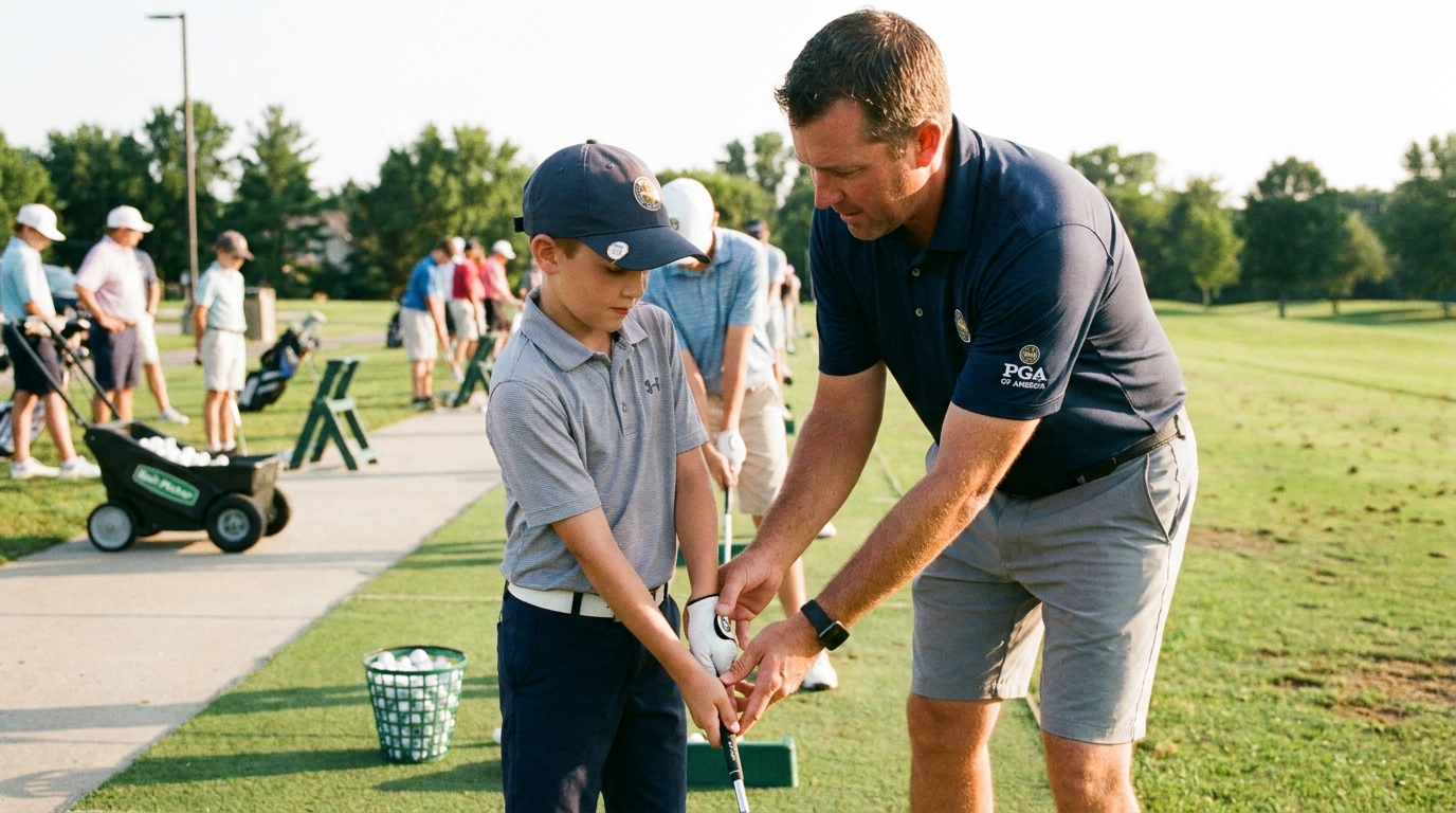 Junior golfer receiving instruction from a PGA professional at a practice range.