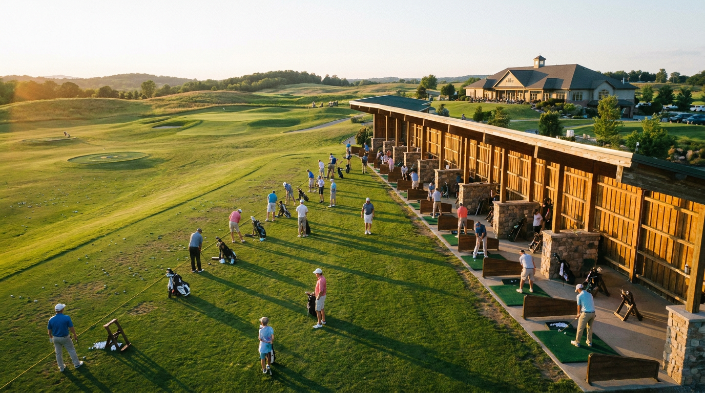 Wide view of a multi-bay golf practice range with covered bays and grass tees at golden hour.