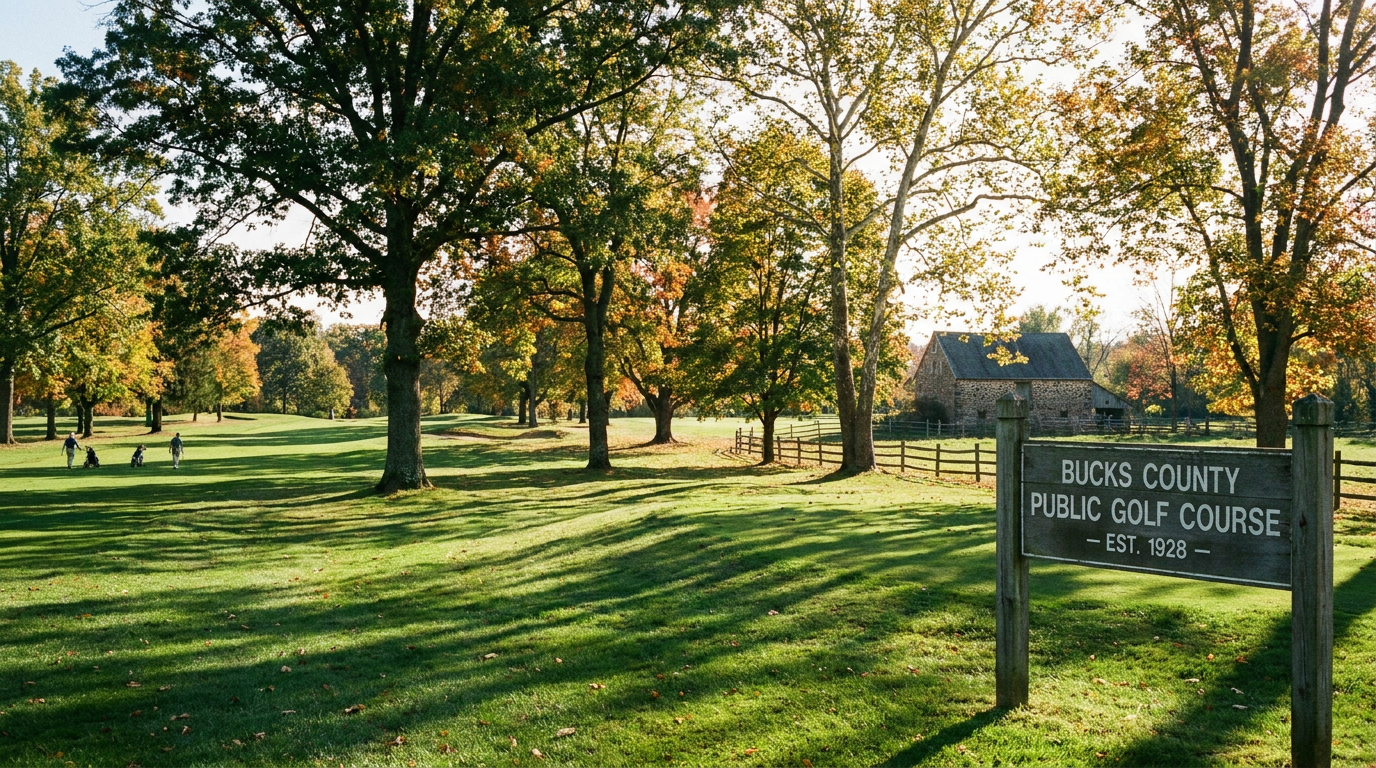 Rolling fairway and mature trees on a public golf course in central Bucks County, Pennsylvania.