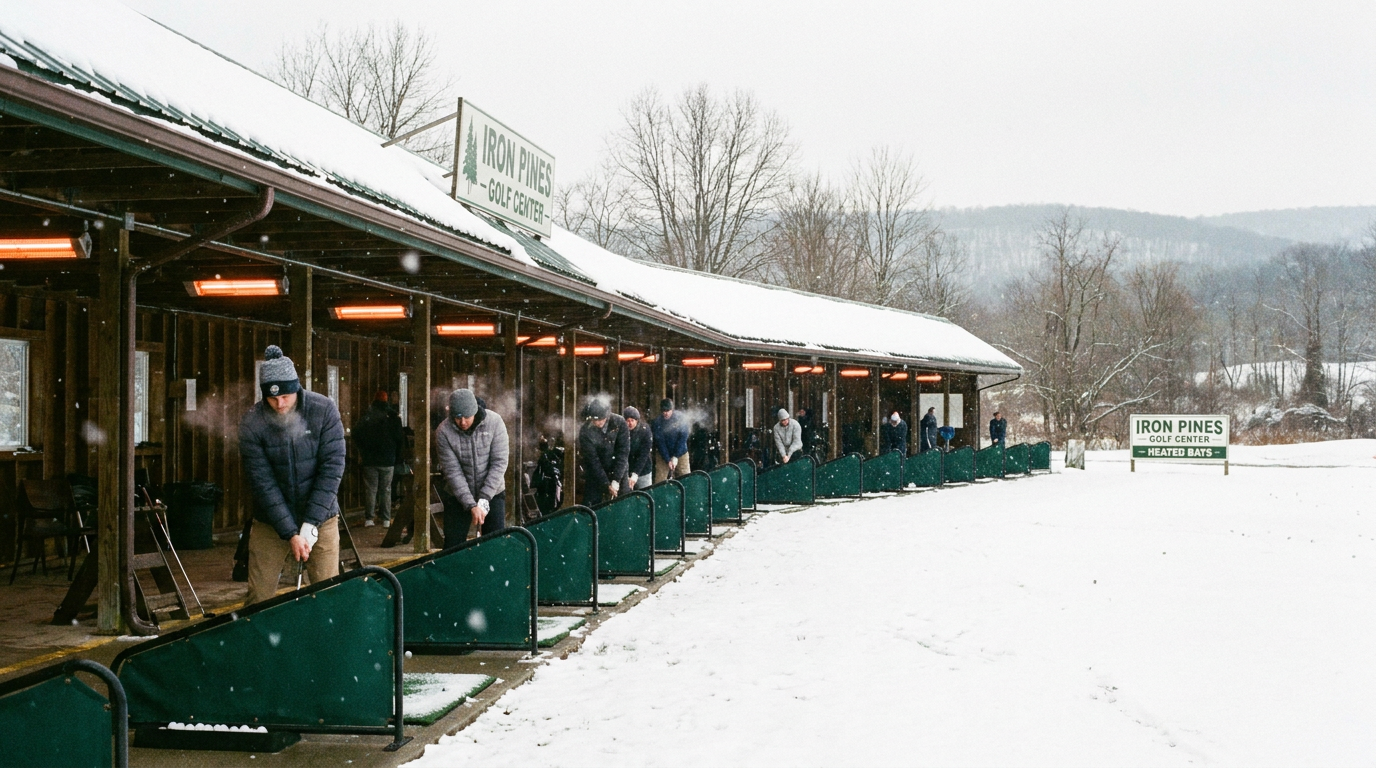 Heated and covered practice bays at a golf range in use on a cold winter afternoon in Pennsylvania.
