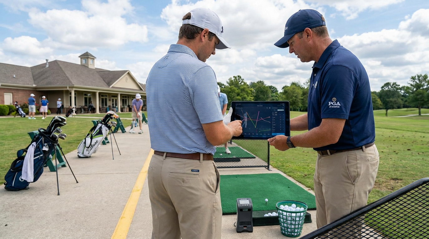 PGA teaching professional reviewing a golfer's swing on a tablet beside a practice bay.