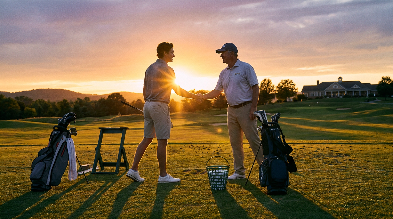 Golfer and PGA instructor shaking hands at the end of a lesson on a practice range at sunset.